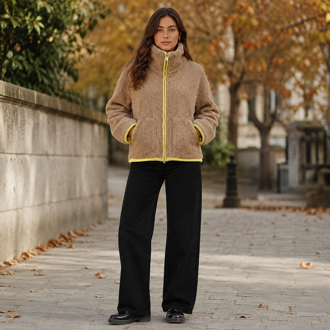 Giacca donna beige effetto teddy con zip gialla a contrasto e collo alto