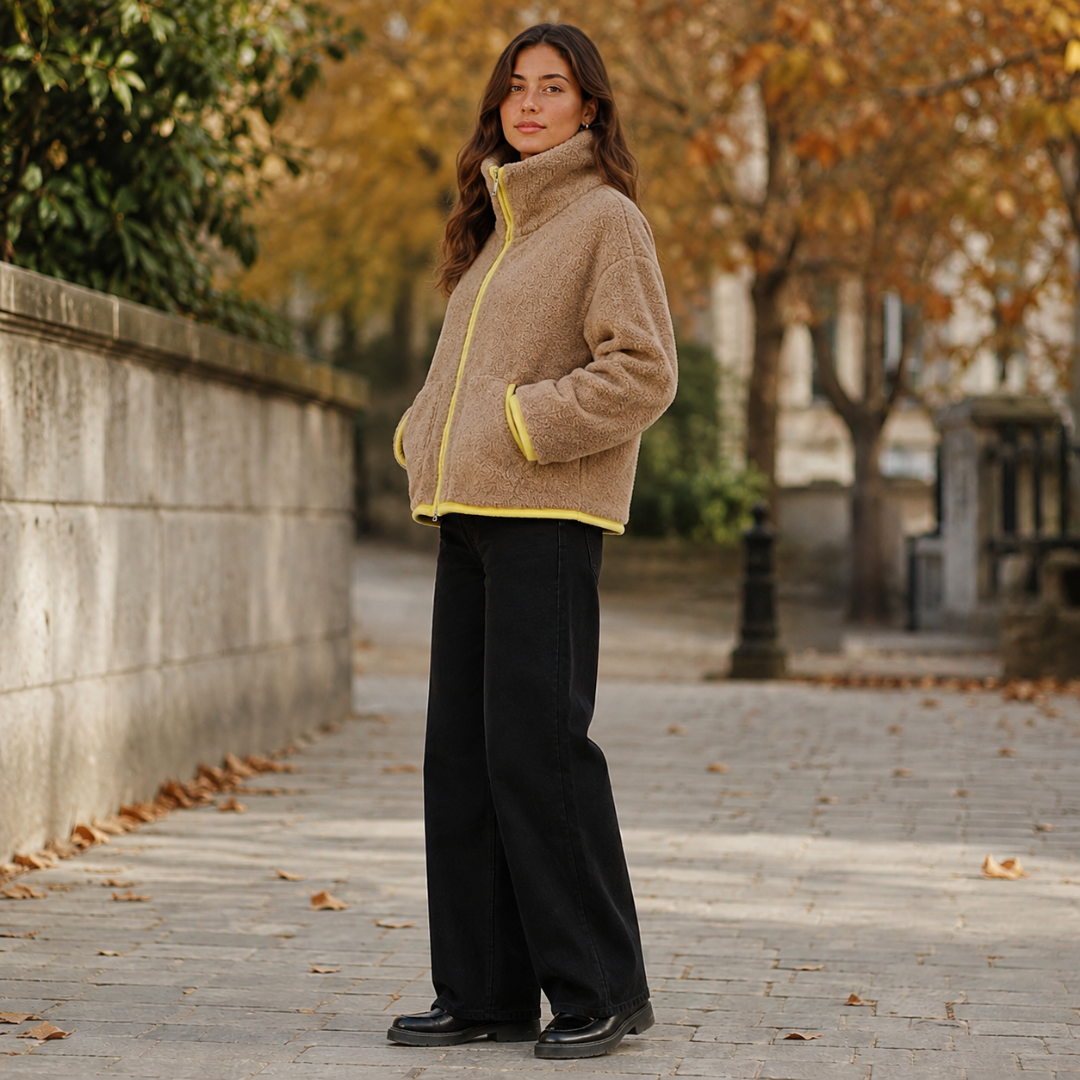 Vista laterale della giacca beige corta con profilo giallo lungo la zip e collo alto