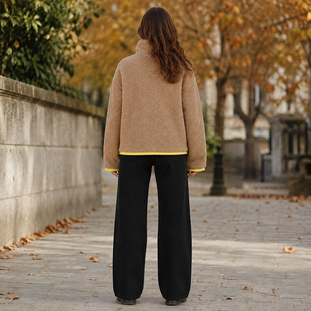 Retro della giacca donna beige con bordo giallo lungo il fondo e i polsini