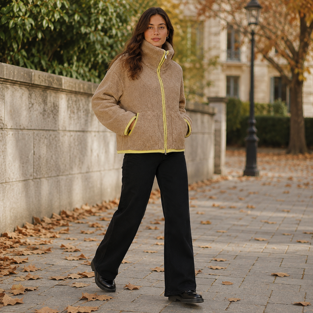 Giacca beige corta con due tasche frontali bordate di giallo e collo alto