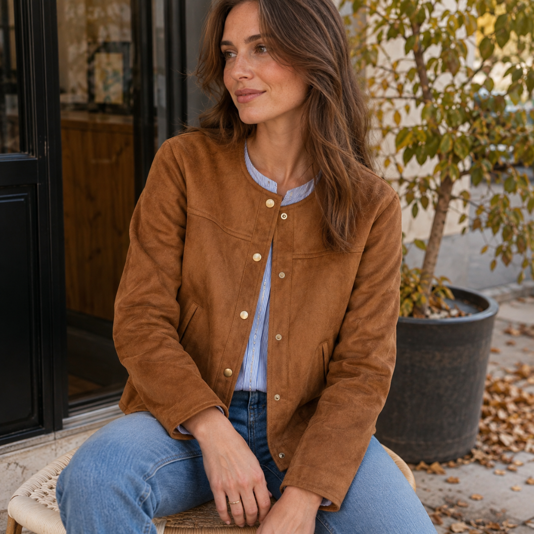 Modella seduta con giacca marrone effetto camoscio, camicia a righe e pantaloni chiari