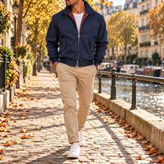 Giacca Harrington uomo blu navy con zip argentata e interno a quadri