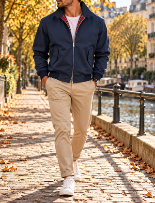 Giacca Harrington uomo blu navy con zip argentata e interno a quadri