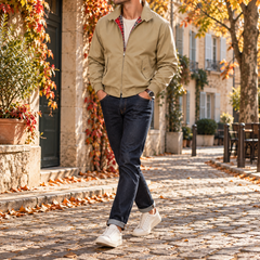 Giacca Harrington uomo kaki con zip aperta e interno a quadri rossi