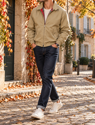 Giacca Harrington uomo kaki con zip aperta e interno a quadri rossi
