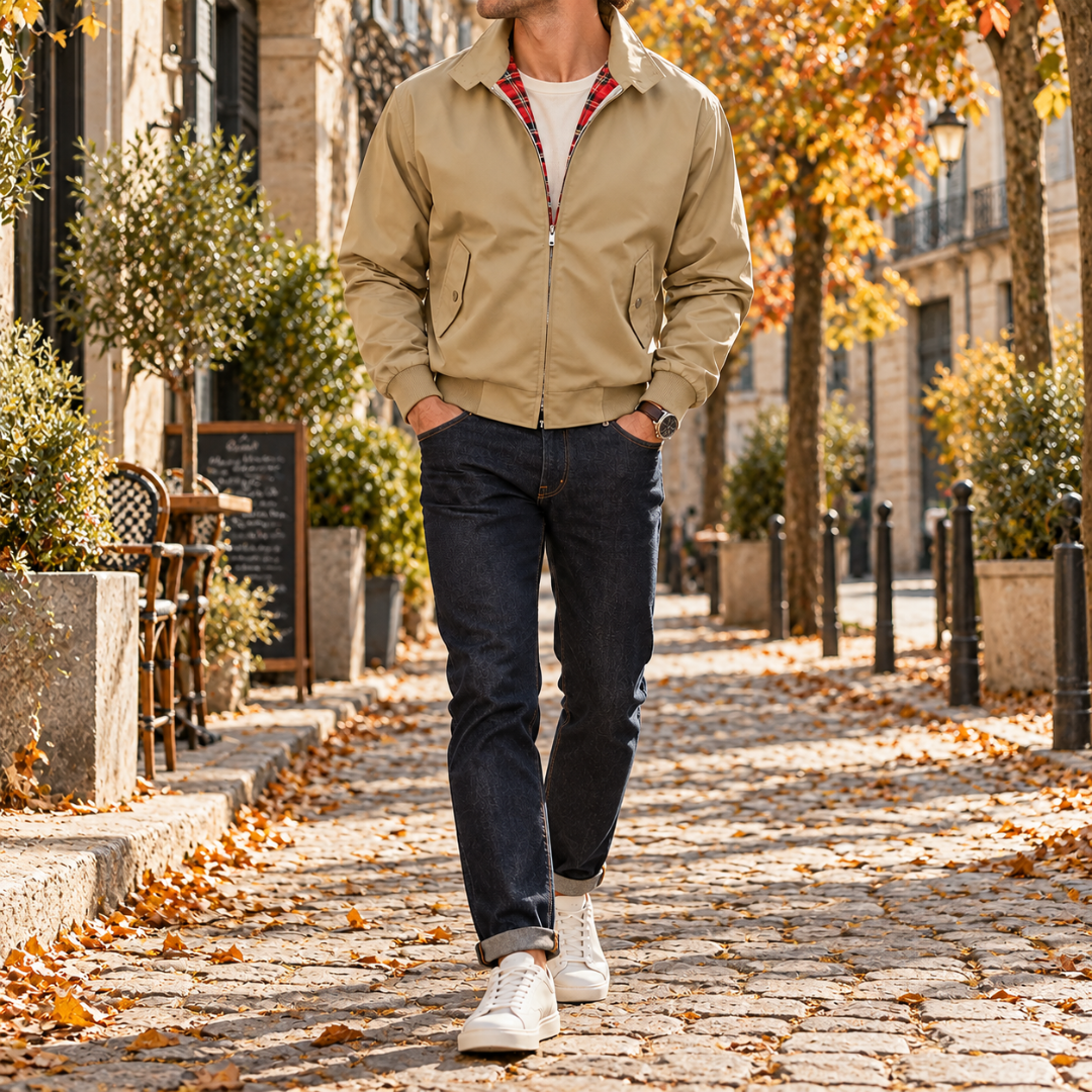 Giacca Harrington kaki da uomo con colletto a camicia e due tasche frontali