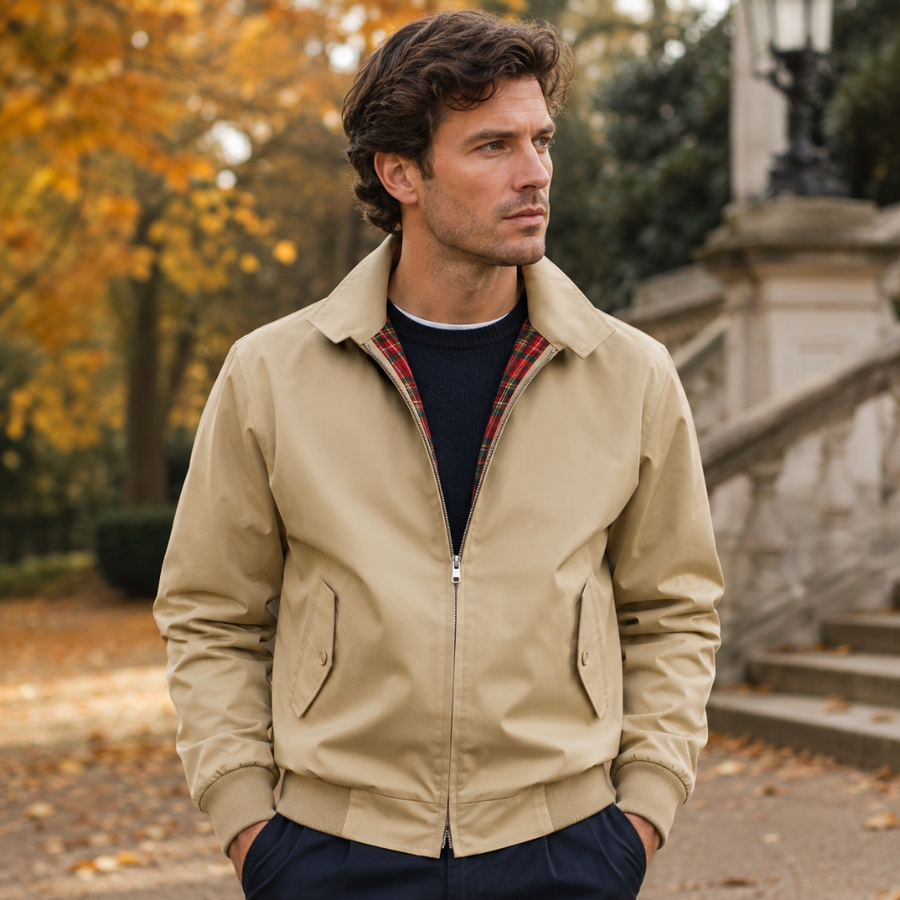 Giacca Harrington uomo beige con zip aperta e interno a quadri rossi