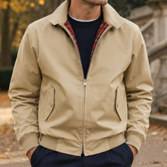 Giacca Harrington uomo beige con zip argentata e fodera a quadri rossa