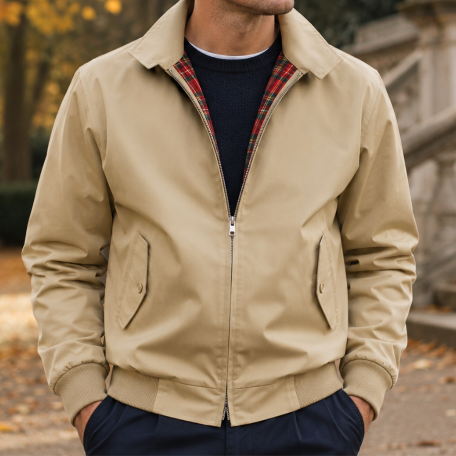 Giacca Harrington uomo beige con zip argentata e fodera a quadri rossa