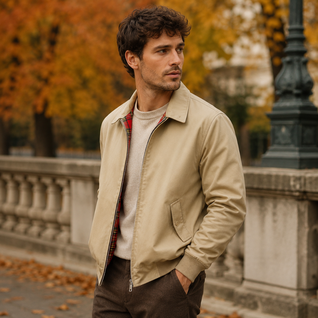 Giacca Harrington beige da uomo con tasca con patta e polsini a coste
