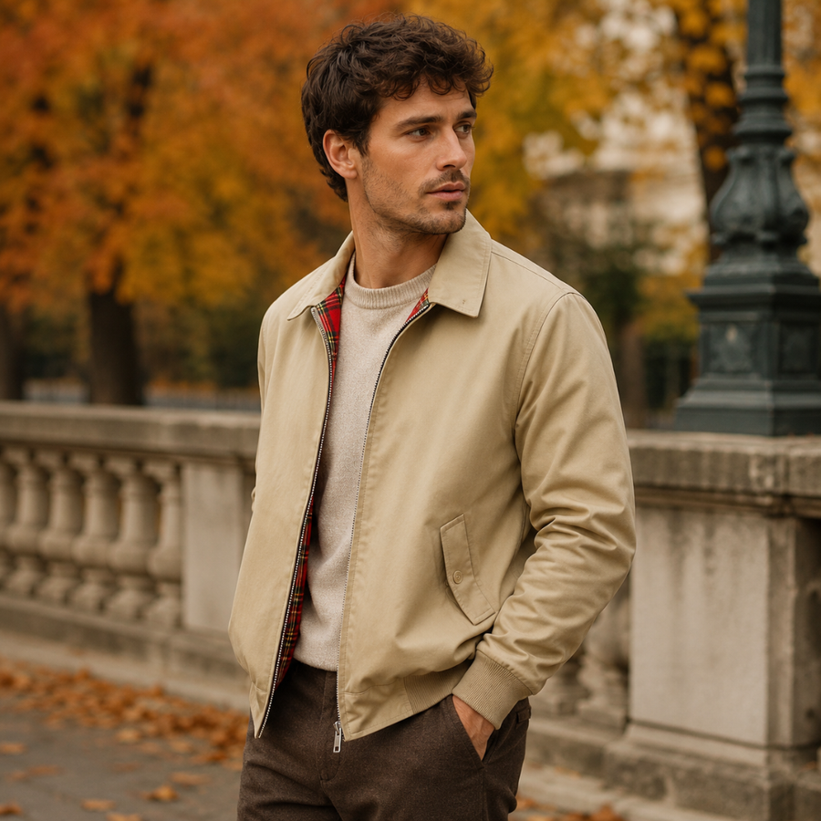 Giacca Harrington beige da uomo con tasca con patta e polsini a coste
