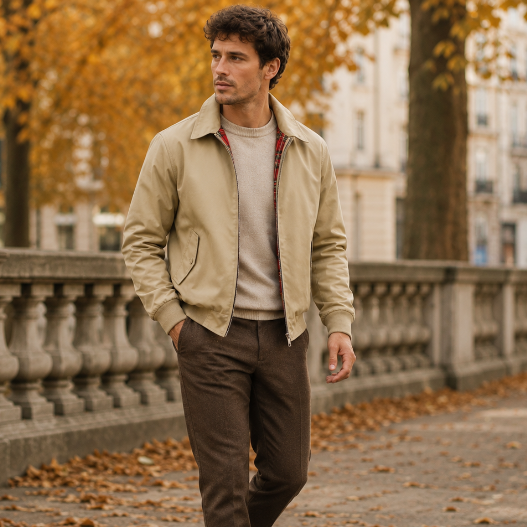 Uomo cammina con giacca Harrington beige corta e colletto a punta