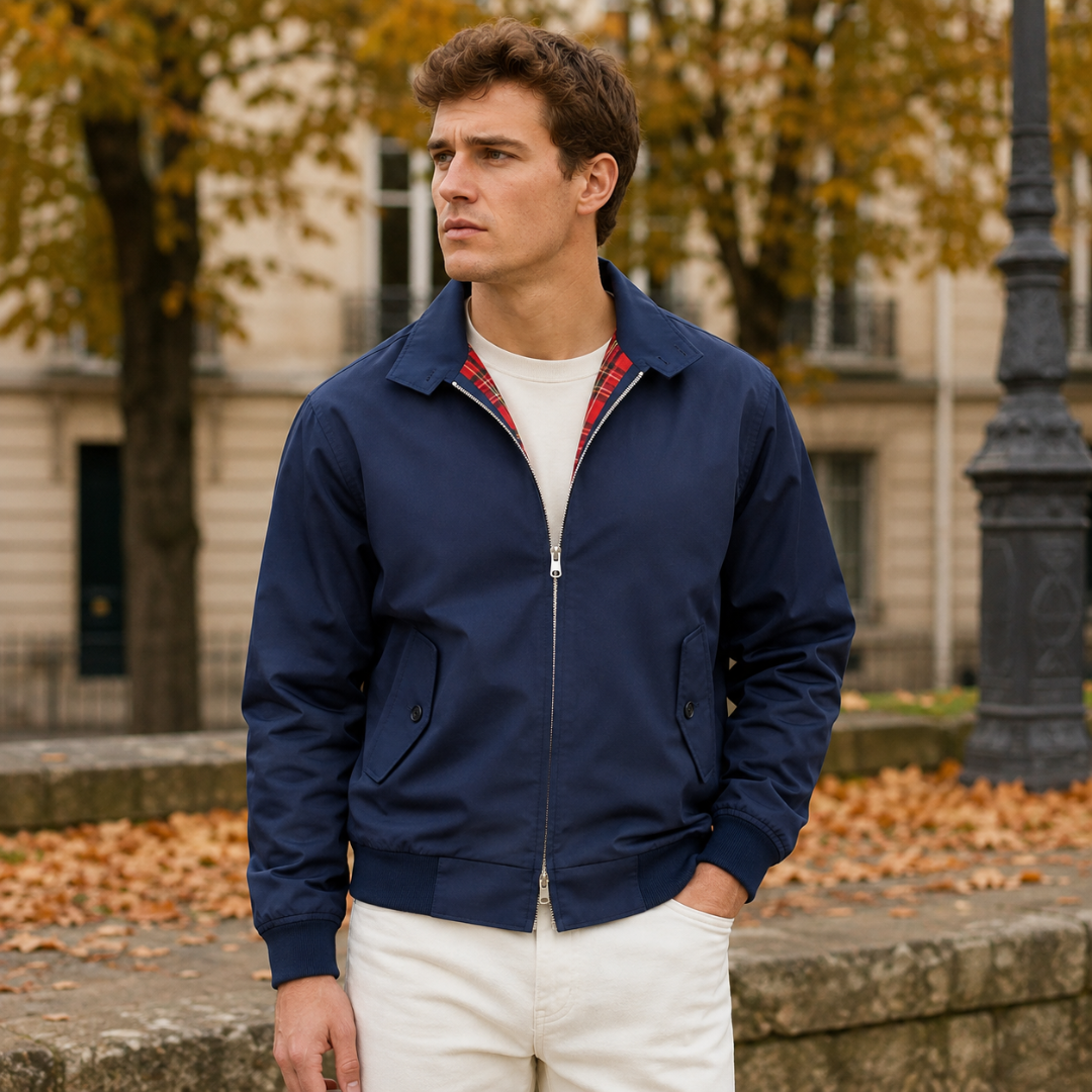 Giacca Harrington uomo blu navy con zip argentata e tasche con patta