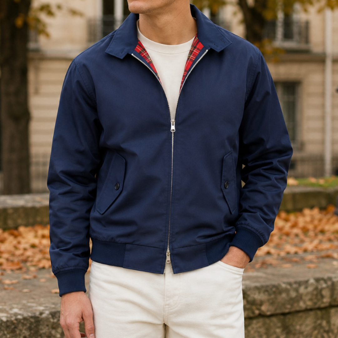 Giacca Harrington uomo blu navy con zip centrale e fodera a quadri rossa