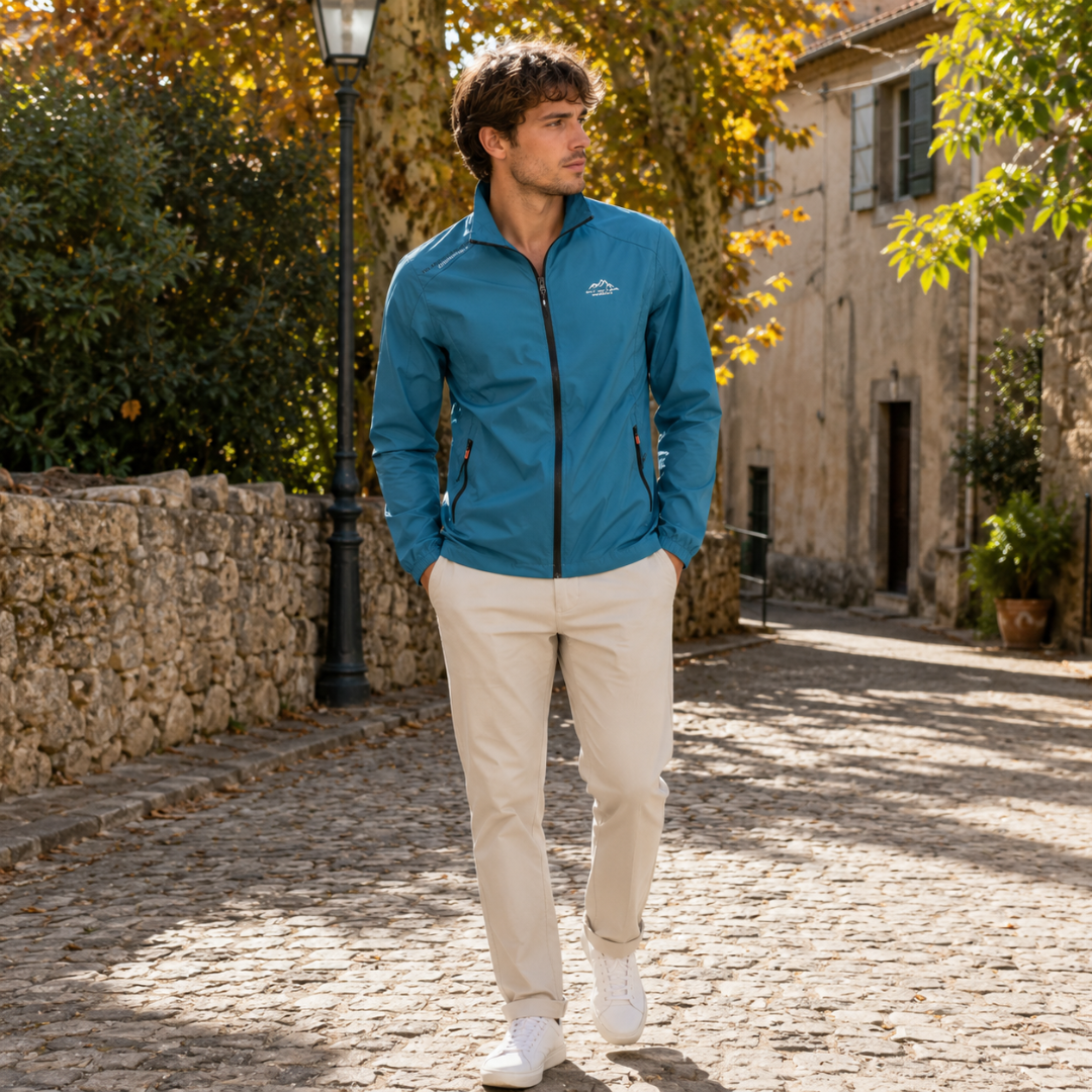 Giacca uomo blu petrolio con collo alto e zip integrale, indossata con chino beige
