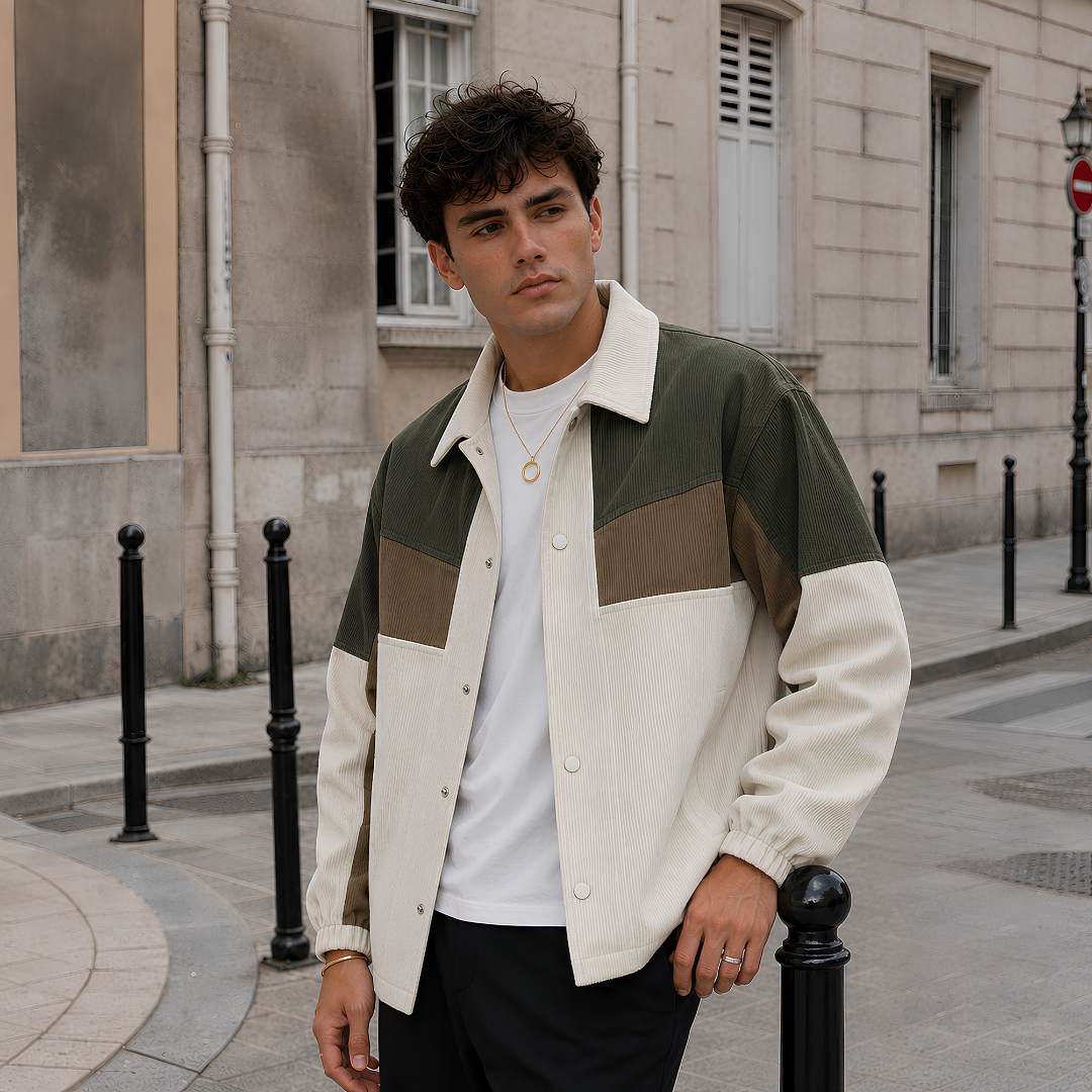 Giacca crema color block con colletto a punte e bottoni a pressione frontali