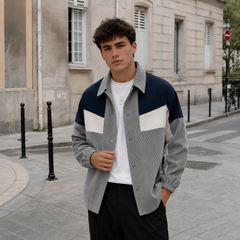 Giacca uomo grigia color block con inserti blu navy e bianchi sul petto