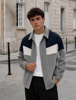 Giacca uomo grigia color block con inserti blu navy e bianchi sul petto