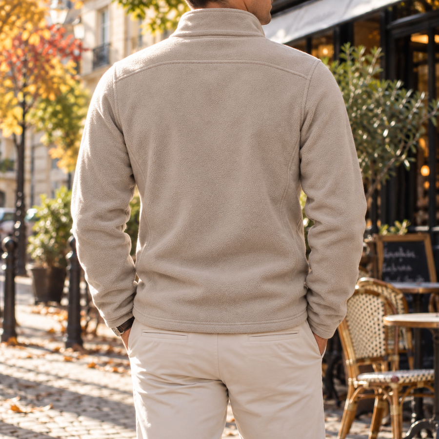 Retro della giacca uomo cammello con cuciture sulle spalle e collo alto