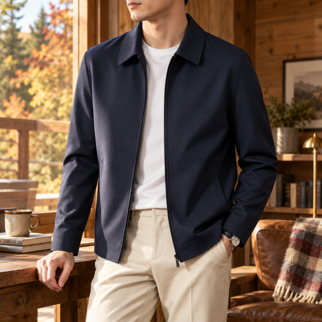 Giacca uomo blu navy aperta con colletto a camicia e polsini con bottone
