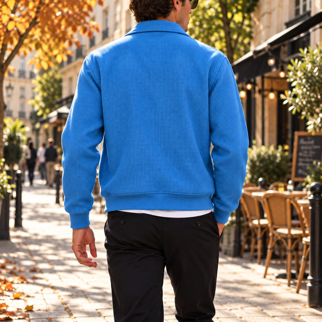 Retro della giacca uomo blu con superficie a effetto nido d'ape e fondo a costine