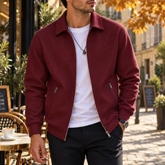 Giacca uomo bordeaux con zip integrale, colletto a camicia e fondo a costine