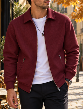 Giacca uomo bordeaux con zip integrale, colletto a camicia e fondo a costine