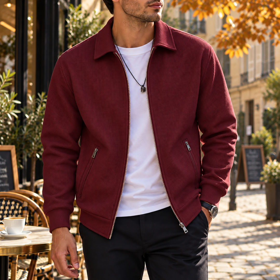 Giacca uomo bordeaux con zip integrale, colletto a camicia e fondo a costine