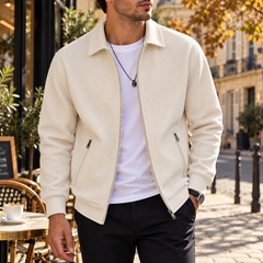 Giacca uomo crema con colletto a camicia, zip e tasche verticali con cerniera