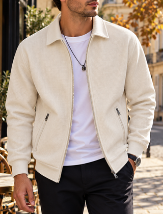 Giacca uomo crema con colletto a camicia, zip e tasche verticali con cerniera