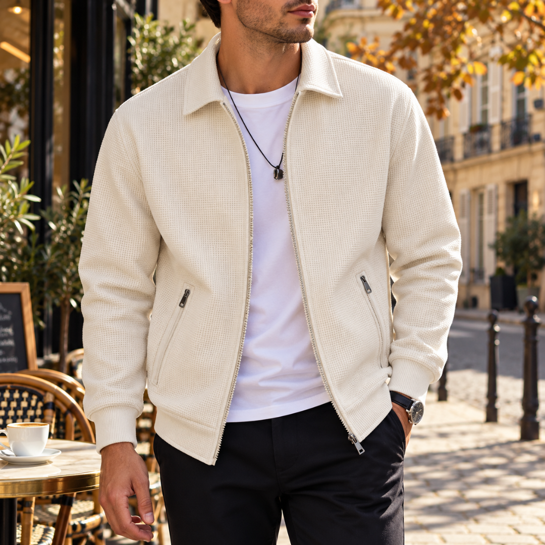 Giacca uomo crema con colletto a camicia, zip e tasche verticali con cerniera