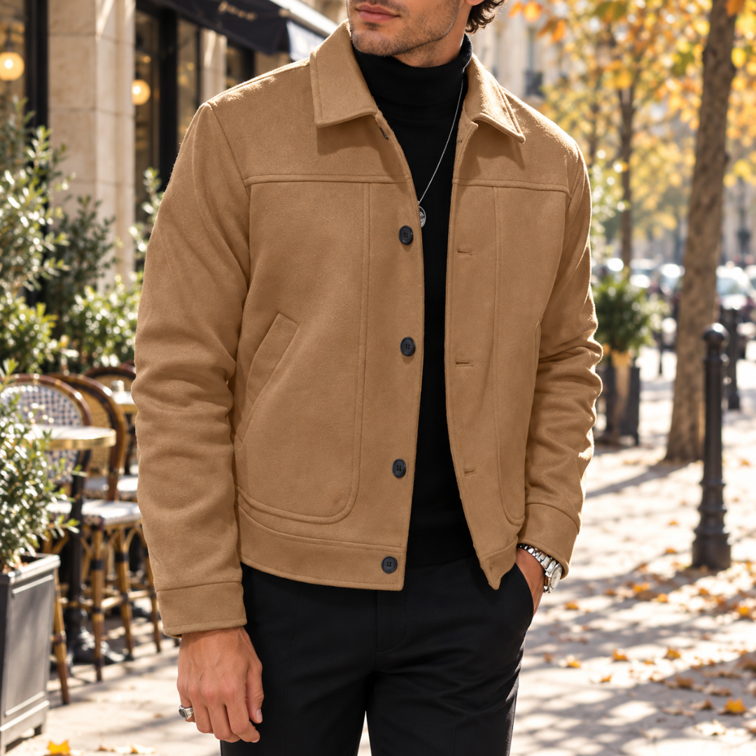 Giacca uomo corta kaki con colletto a camicia e tasche applicate arrotondate