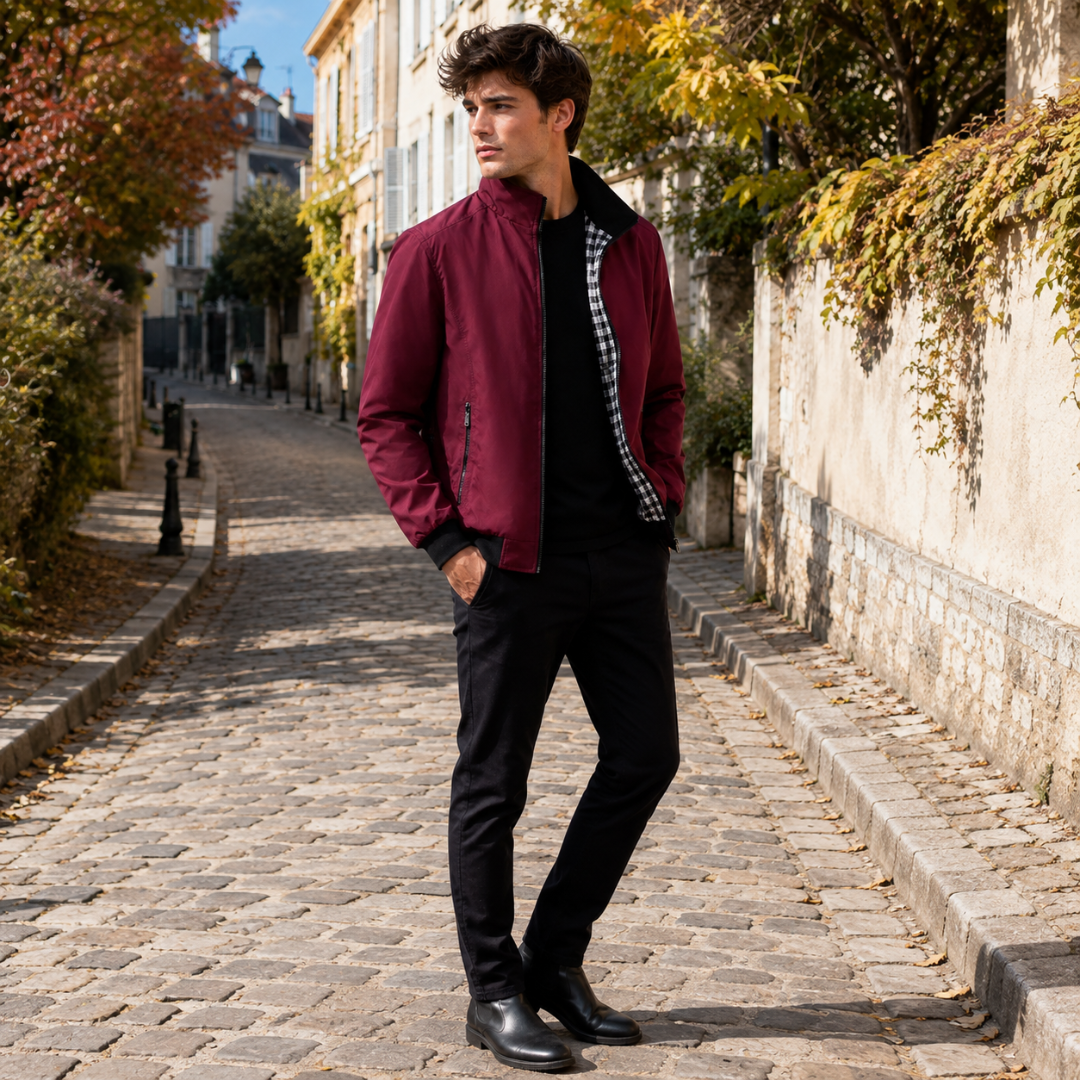 Giacca Harrington rossa uomo con zip centrale aperta e fondo a coste