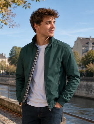 Giacca Harrington uomo verde foresta con zip e fondo a coste