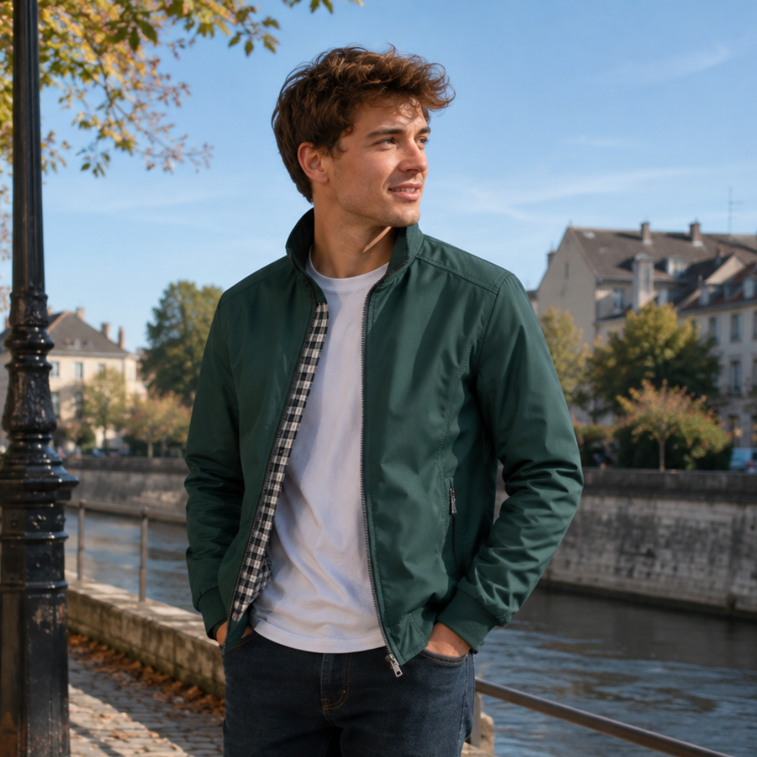 Giacca Harrington uomo verde foresta con zip e fondo a coste