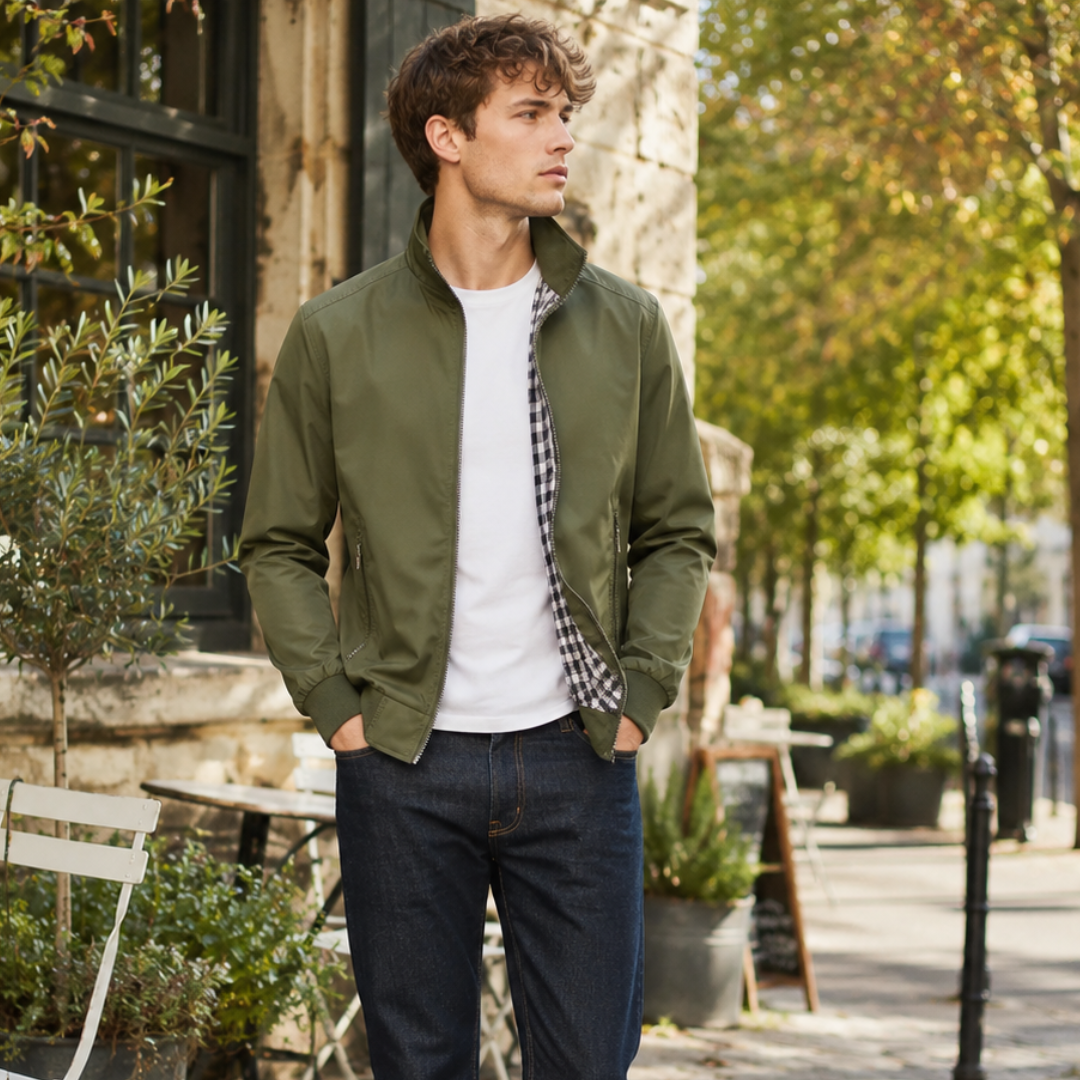 Giacca Harrington uomo verde con zip centrale e tasche laterali con zip