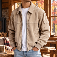 Giacca uomo beige in velluto a coste con zip e collo a camicia aperto