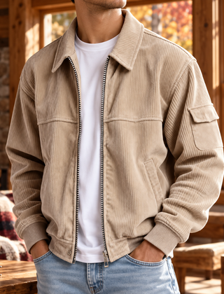 Giacca uomo beige in velluto a coste con zip e collo a camicia aperto