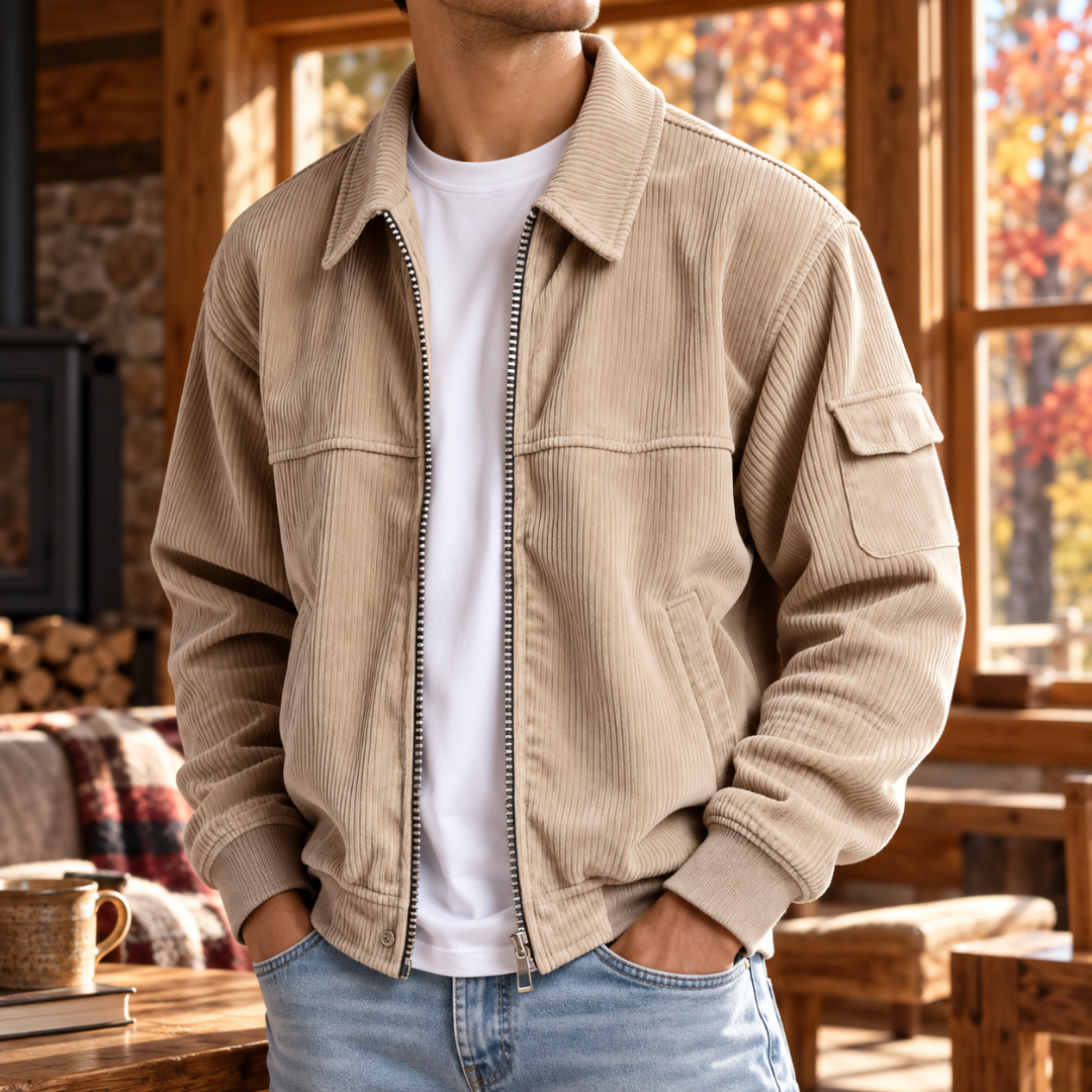 Giacca uomo beige in velluto a coste con zip e collo a camicia aperto