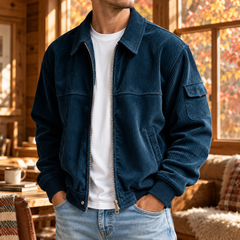 Giacca uomo blu navy a coste con zip centrale e polsini a costine