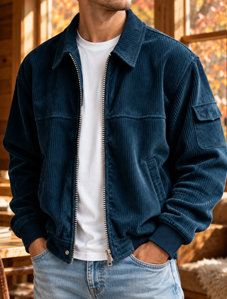Giacca uomo blu navy a coste con zip centrale e polsini a costine