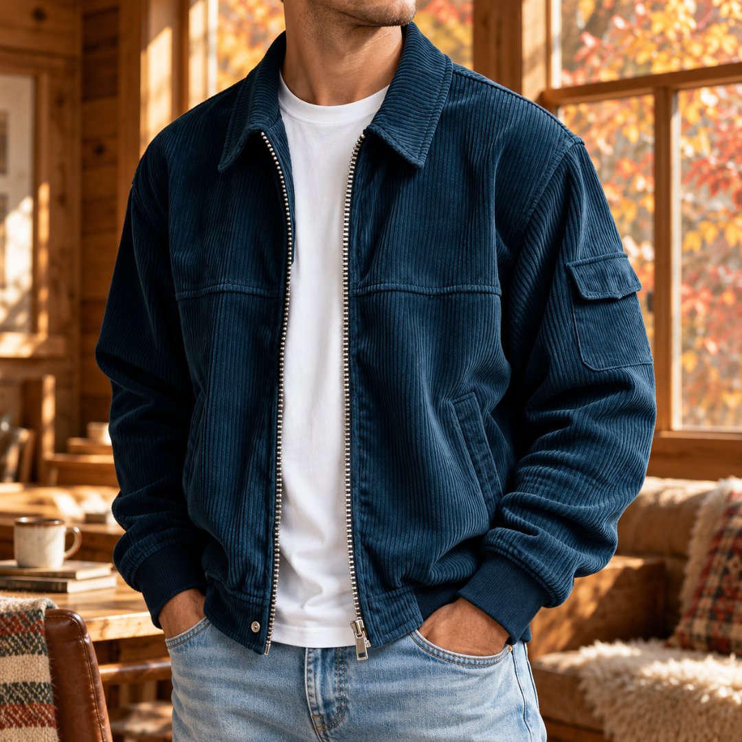 Giacca uomo blu navy a coste con zip centrale e polsini a costine