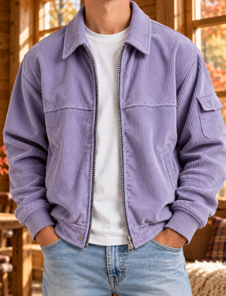 Giacca uomo lavanda in velluto a coste con zip centrale e collo a camicia