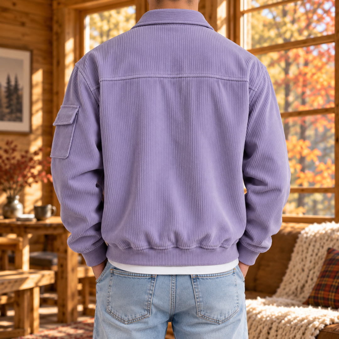 Retro della giacca uomo lavanda a coste con fondo a costine elastiche