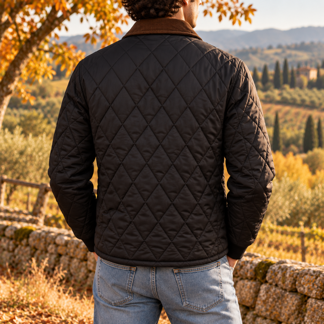 Retro della giacca uomo nera trapuntata con fondo a costine e collo marrone