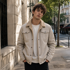 Giacca uomo trucker beige con profili chiari lungo la chiusura frontale a bottoni