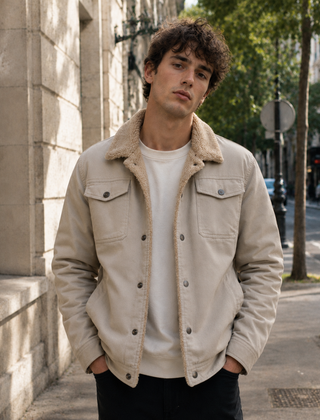 Giacca uomo trucker beige con profili chiari lungo la chiusura frontale a bottoni