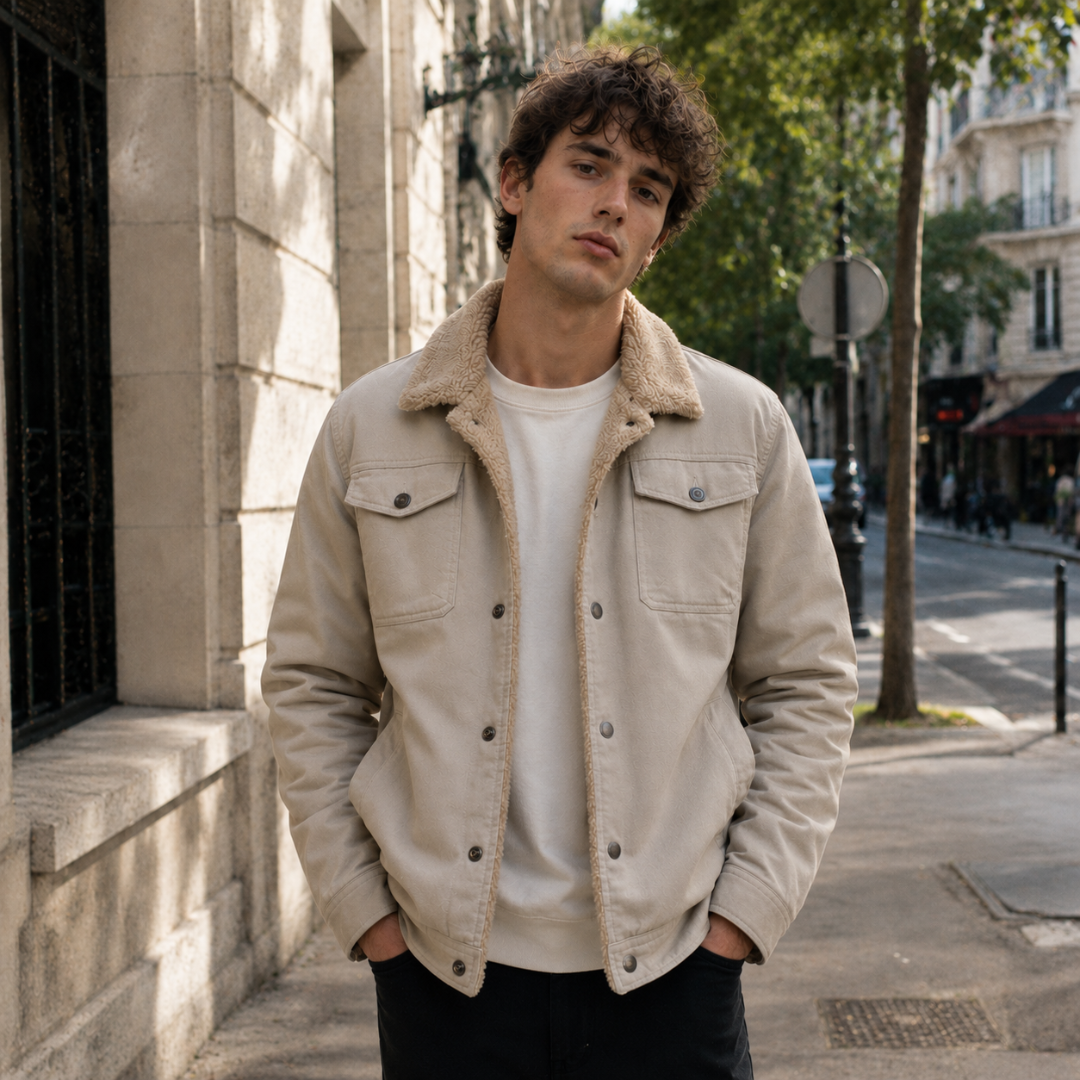 Giacca uomo trucker beige con profili chiari lungo la chiusura frontale a bottoni