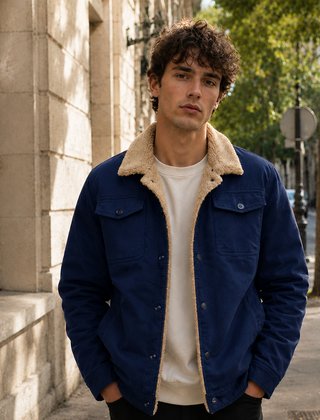 Giacca uomo trucker blu navy con colletto chiaro e bottoni a pressione frontali
