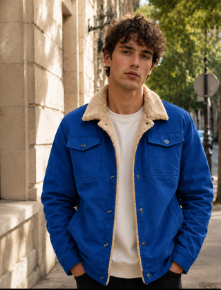 Giacca uomo trucker blu navy con colletto chiaro effetto morbido e bottoni a pressione